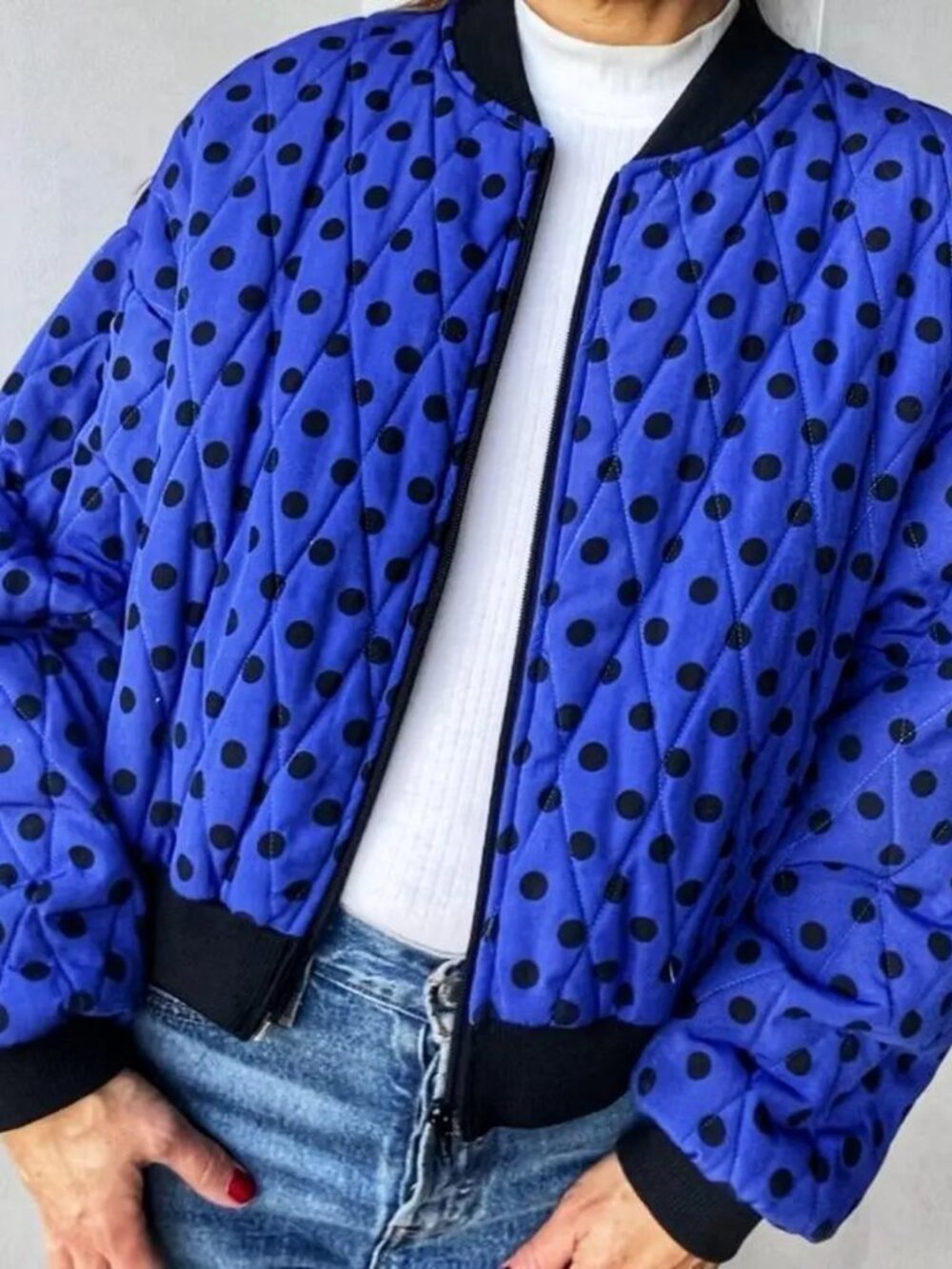 Vintage Polka Dot Cobalt Blue Bomber Jacket- Waist Length- Size Large